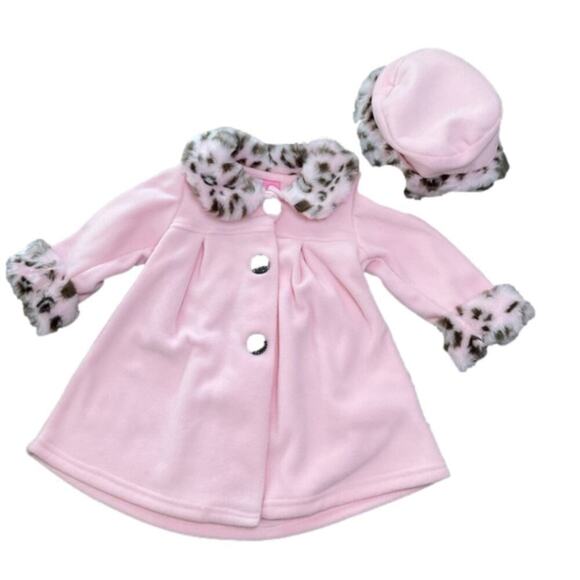 Sophie Rose Girl's Pea Coat Pink Leopard Trim Matching Hat Size 18 Month’s NWT - Picture 1 of 4